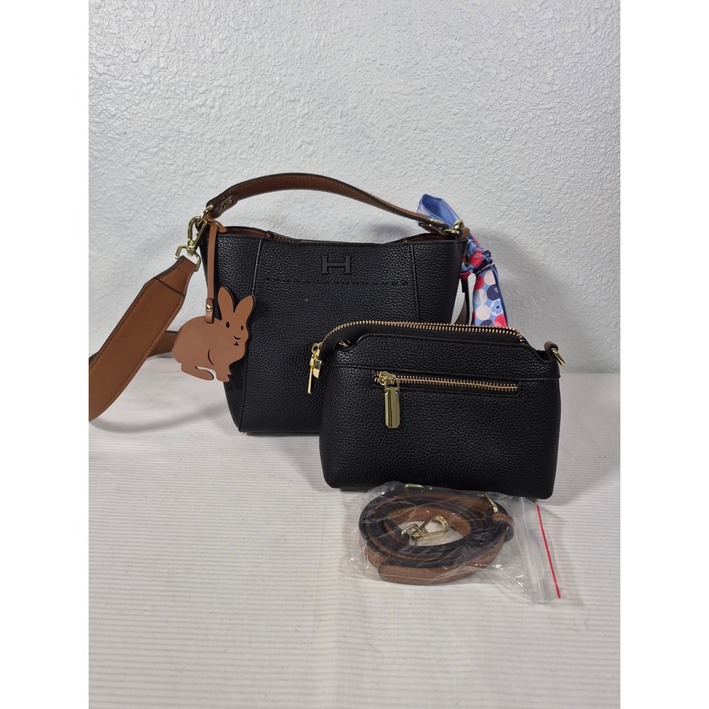 Hylee "H" Logo Black Pebbled Leather Bucket Bag with Crossbody Pouch 2pc Set